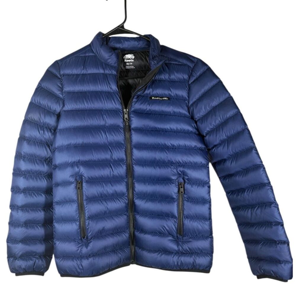Roots Canada Womens Blue 700 Fill Down Puffer Coat Sz XS Warm Cozy Full Zip